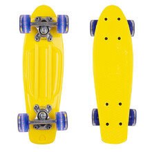 Das Mini-Pennyboard WORKER Pico 17" mit den leuchtenden Rädern - gelbes Brett, dunkelblaue Rollen