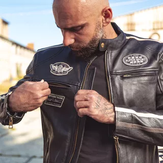 W-TEC Makso Herren Lederjacke - schwarz mit Patches