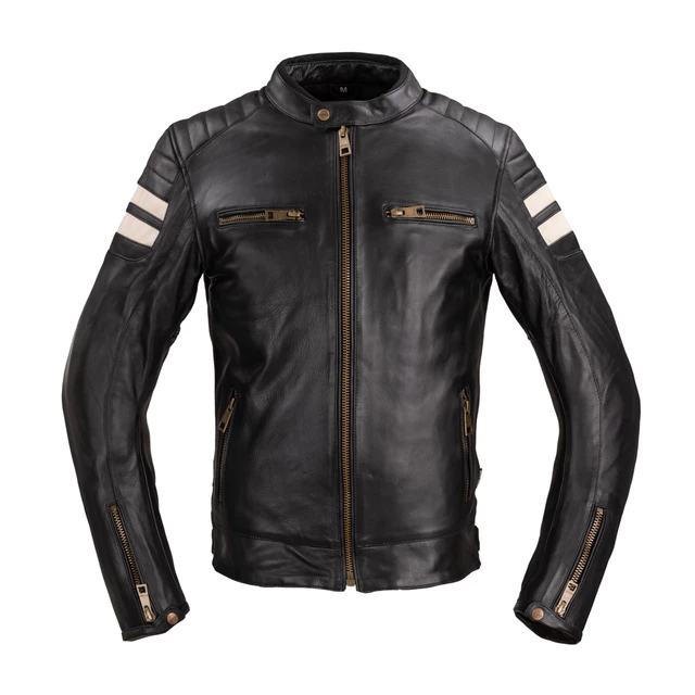 Herren Leder Motorradjacke W-TEC Stripe - schwarz mit beigen Streifen - schwarz mit beigen Streifen