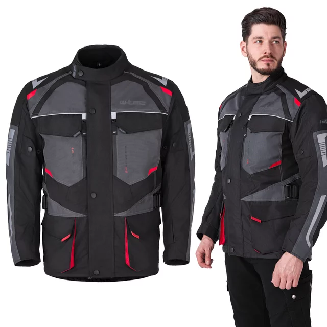 W-TEC Burdys Evo Herren-Motorradjacke - schwarz-grau-grün - schwarz-grau-rot