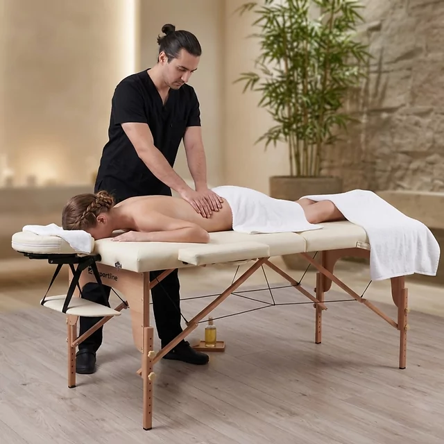 Massageliege inSPORTline Orashi 186x60x62,5-85,5 cm 2-teilig aus Holz - cremefarbe