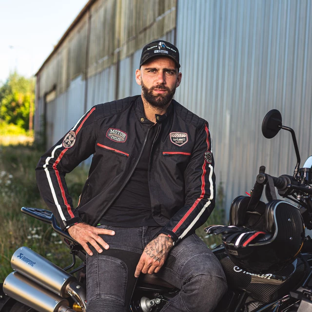 W-TEC Jawo Herren Textiljacke - schwarz mit rot-weißem Streifen