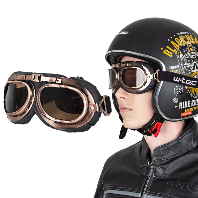 W-TEC Angeric Gloss Black Motorradhelm mit Steamrust-Brille - Gloss Black